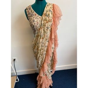 Peach & Beige Ruffle Sari with Blouse